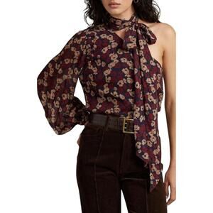 Polo Ralph Lauren ‎ Georgette One Shoulder Tie Neck Blouse NWT Burgundy 6